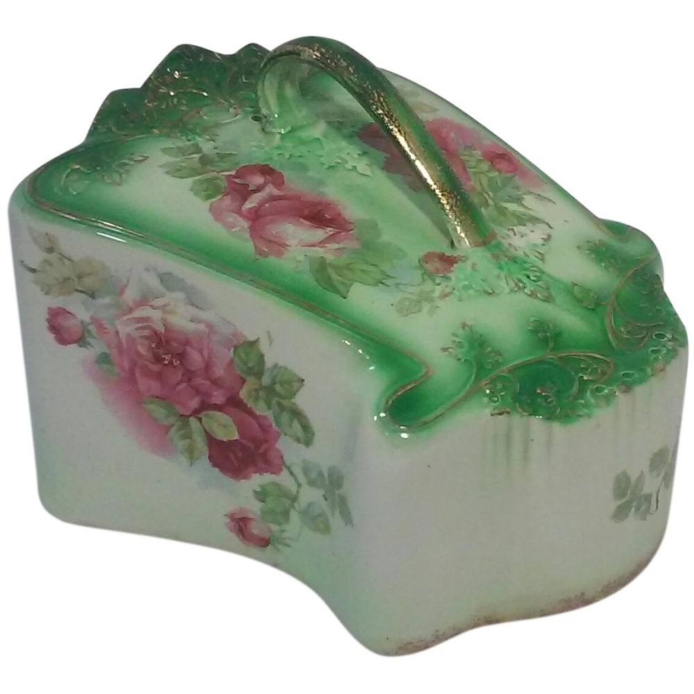 Vintage Stoke on Kent England Floral Green and White Porcelain Cheese Dome